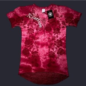 Affliction Tie Dye Red Floral T-Shirt With Sheer Back
